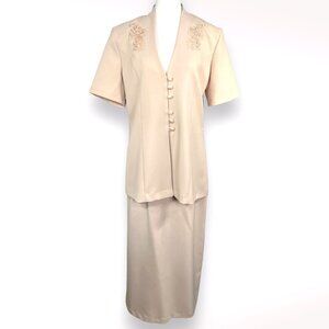 Vintage 1980s Skirt Suit Set Champagne Embroidered Formal Church Size 14